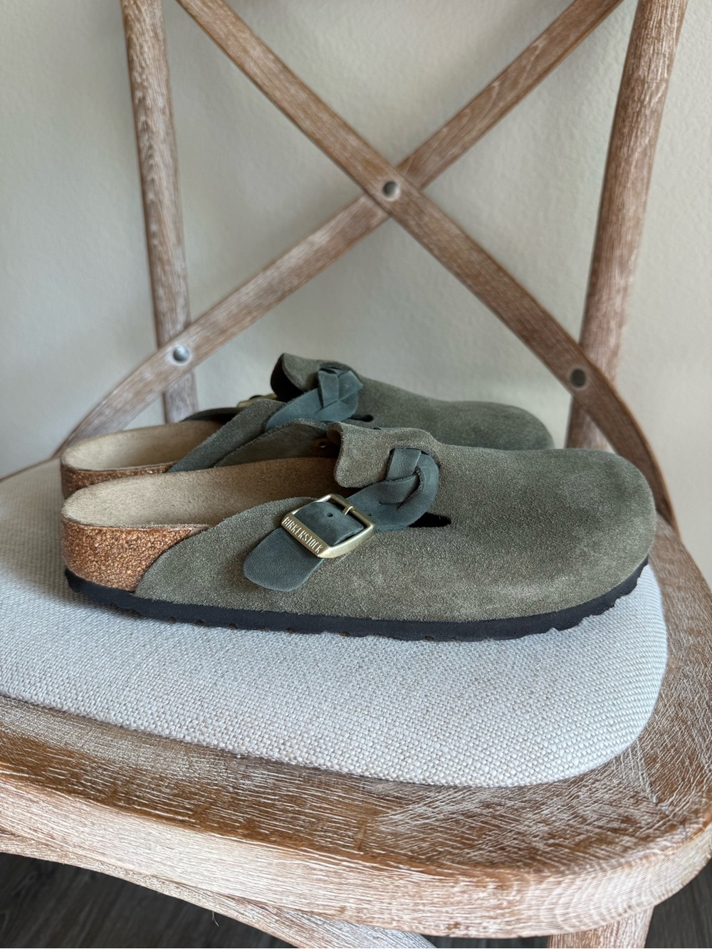 Birkenstock Olive Suede Braided Strap Clogs - Picture 7 of 8